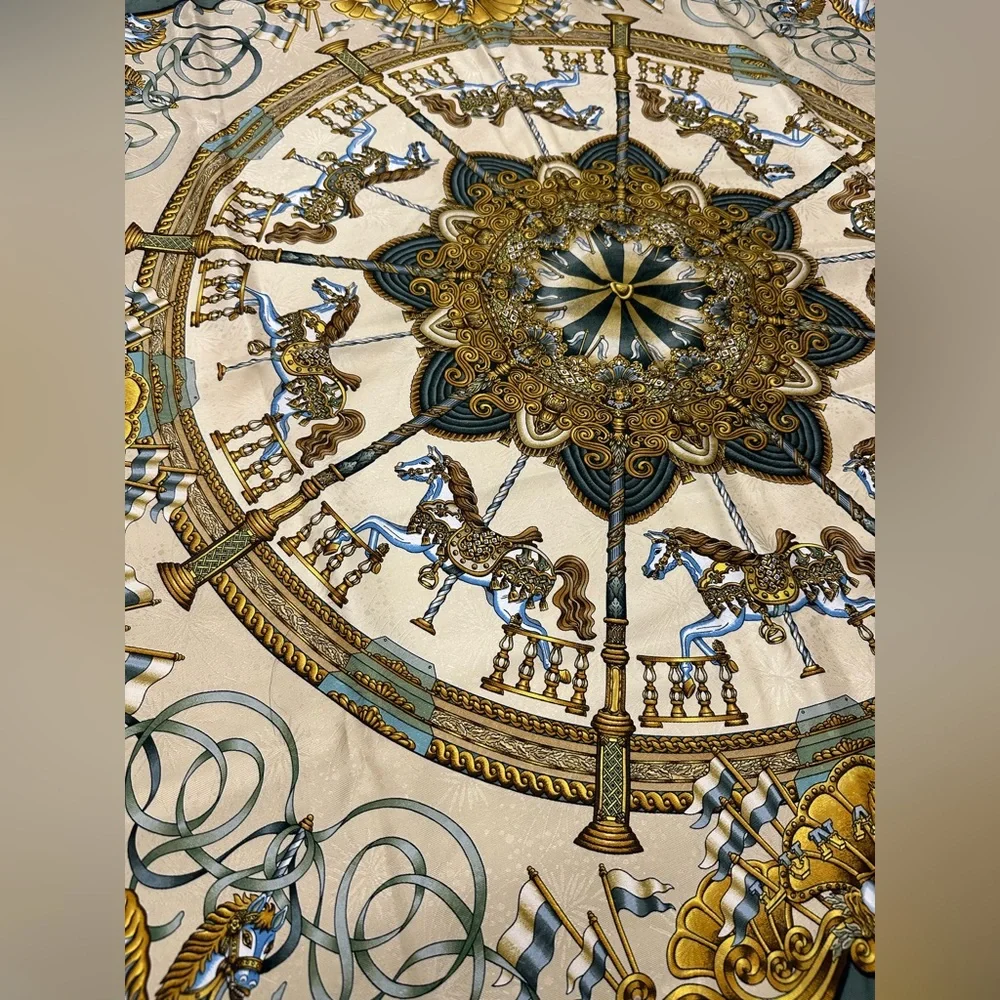 Hermes Silk Reversible Opera Scarf LUNA PARK Carrousel Print; 70.5x11.5" - Picture 7 of 13